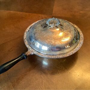 Antique Victorian Silverplate Covered Serving Skillet w Detachable Wood Handle